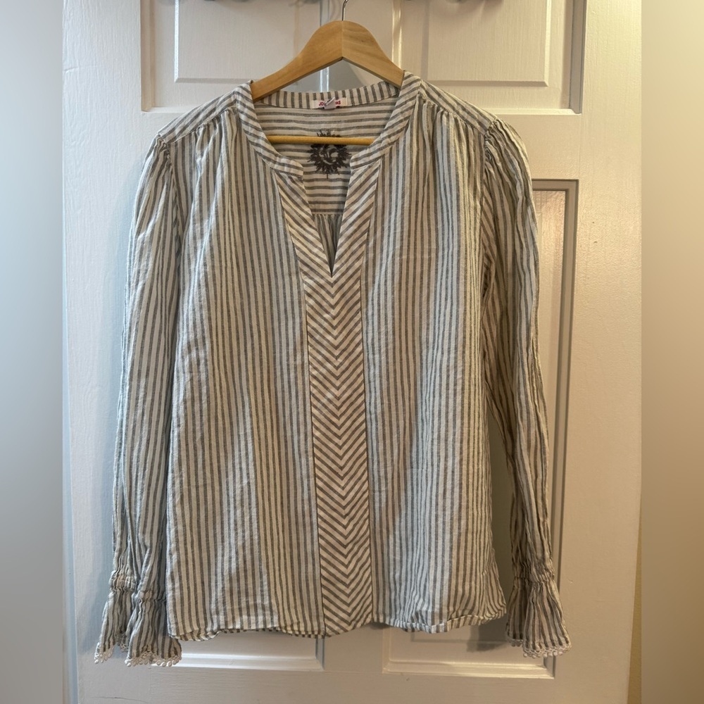 Johnny Was Striped Cotton Blouse Pom Trim Medium Coastal Chic